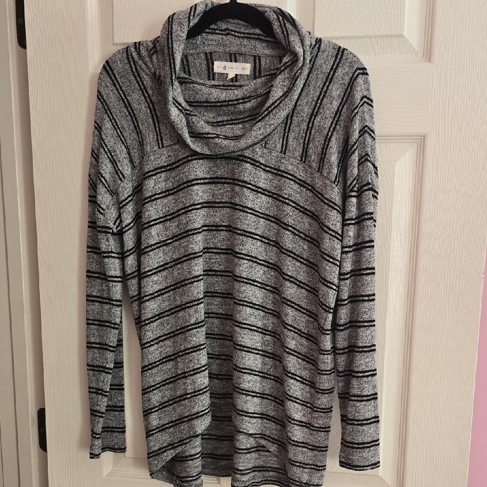 Lou & Grey Black and Gray Striped Cowl Neck Sweater‎